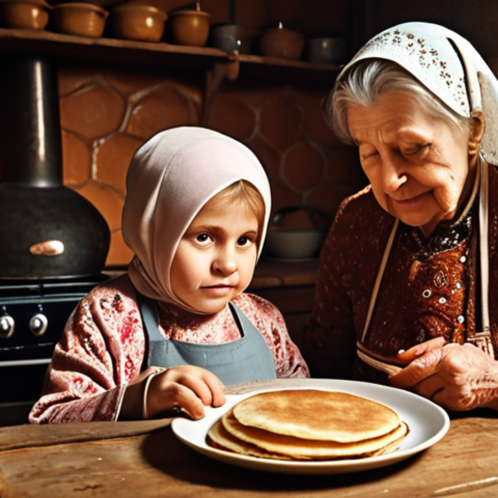 **Image Prompt:** A cozy, rustic Russian kitchen scene. An elderly woman (babushka) with kind eyes is teaching a young girl how to prepare traditional Russian "blini" (pancakes). Focus on the warm lighting, the details of the kitchen (wooden table, traditional stove, earthenware), and the connection between the grandmother and granddaughter. The image should evoke a sense of history, tradition, and family. Keywords: Russian cuisine, babushka, blini, tradition, family, kitchen, warm lighting, rustic, cooking.