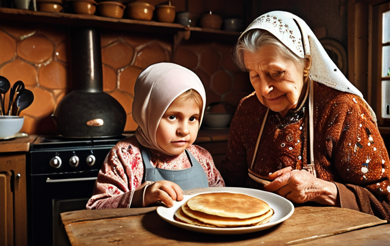 **Image Prompt:** A cozy, rustic Russian kitchen scene. An elderly woman (babushka) with kind eyes is teaching a young girl how to prepare traditional Russian "blini" (pancakes). Focus on the warm lighting, the details of the kitchen (wooden table, traditional stove, earthenware), and the connection between the grandmother and granddaughter. The image should evoke a sense of history, tradition, and family. Keywords: Russian cuisine, babushka, blini, tradition, family, kitchen, warm lighting, rustic, cooking.