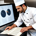 A professional male chef in a pristine, appropriate chef's uniform, engaging with advanced digital displays that show ancient culinary texts and data analysis. He is seated at a large, modern table within a well-lit, professional research kitchen, with old cookbooks and historical documents subtly arranged nearby. The chef exhibits perfect anatomy, correct proportions, natural body proportions, and well-formed hands. The image conveys a sense of scholarly innovation and culinary heritage. safe for work, appropriate content, fully clothed, professional dress, family-friendly.