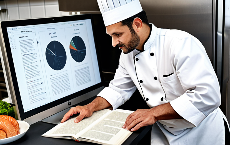 A professional male chef in a pristine, appropriate chef's uniform, engaging with advanced digital displays that show ancient culinary texts and data analysis. He is seated at a large, modern table within a well-lit, professional research kitchen, with old cookbooks and historical documents subtly arranged nearby. The chef exhibits perfect anatomy, correct proportions, natural body proportions, and well-formed hands. The image conveys a sense of scholarly innovation and culinary heritage. safe for work, appropriate content, fully clothed, professional dress, family-friendly.