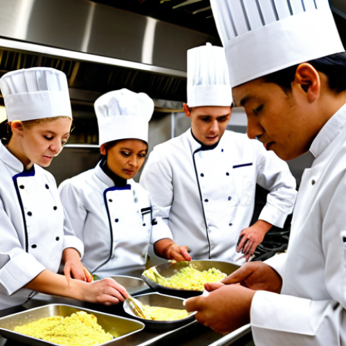 Home 21 A diverse group of culinary students, fully clothed in clean professional chef uniforms, aprons, and chef hats, are gathered around a master chef in a spacious, bright, and modern culinary school kitchen. The master chef, a seasoned professional with a calm demeanor, is demonstrating an intricate traditional cooking technique, focusing on authentic ingredients laid out on a stainless steel countertop. The students are intently observing and taking notes, with a sense of dedication and passion for culinary art. Perfect anatomy, correct proportions, natural poses, well-formed hands, proper finger count, natural body proportions. High-resolution professional photography, vibrant colors, sharp focus, natural lighting. safe for work, appropriate content, fully clothed, professional, modest clothing.
