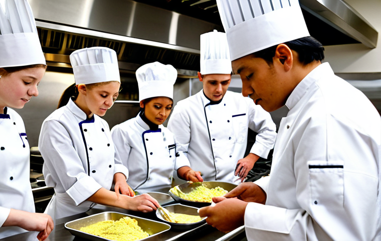 A diverse group of culinary students, fully clothed in clean professional chef uniforms, aprons, and chef hats, are gathered around a master chef in a spacious, bright, and modern culinary school kitchen. The master chef, a seasoned professional with a calm demeanor, is demonstrating an intricate traditional cooking technique, focusing on authentic ingredients laid out on a stainless steel countertop. The students are intently observing and taking notes, with a sense of dedication and passion for culinary art. Perfect anatomy, correct proportions, natural poses, well-formed hands, proper finger count, natural body proportions. High-resolution professional photography, vibrant colors, sharp focus, natural lighting. safe for work, appropriate content, fully clothed, professional, modest clothing.