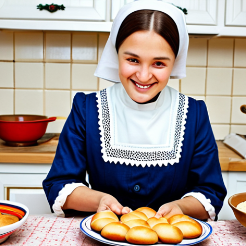 Home 20 **
A brightly lit and inviting kitchen scene. A woman, fully clothed in a modest and traditional Russian dress, is smiling as she kneads dough for pirozhki. A samovar is steaming on the table behind her, surrounded by colorful painted wooden bowls and plates. Ingredients like flour, berries, and jam are neatly arranged. Perfect anatomy, correct proportions, well-formed hands, natural pose. Safe for work, appropriate content, fully clothed, family-friendly, professional photography, high quality.
**