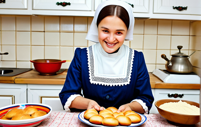 **

A brightly lit and inviting kitchen scene. A woman, fully clothed in a modest and traditional Russian dress, is smiling as she kneads dough for pirozhki. A samovar is steaming on the table behind her, surrounded by colorful painted wooden bowls and plates. Ingredients like flour, berries, and jam are neatly arranged. Perfect anatomy, correct proportions, well-formed hands, natural pose. Safe for work, appropriate content, fully clothed, family-friendly, professional photography, high quality.

**