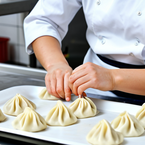 Home 19 **
"A professional female chef in a modern, clean kitchen, fully clothed in a crisp white chef's uniform, preparing traditional Russian dumplings (pelmeni). Focus on the process of carefully folding the dough. Background includes stainless steel countertops and professional kitchen equipment. Safe for work, appropriate content, fully clothed, professional, perfect anatomy, natural proportions, high quality, well-formed hands, proper finger count, family-friendly."
**