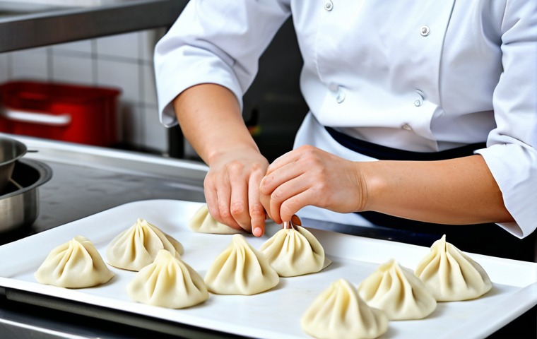 **

"A professional female chef in a modern, clean kitchen, fully clothed in a crisp white chef's uniform, preparing traditional Russian dumplings (pelmeni). Focus on the process of carefully folding the dough. Background includes stainless steel countertops and professional kitchen equipment. Safe for work, appropriate content, fully clothed, professional, perfect anatomy, natural proportions, high quality, well-formed hands, proper finger count, family-friendly."

**