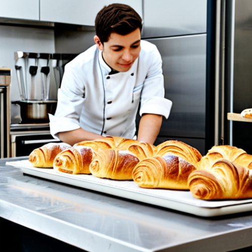 Home 8 **
A bustling, brightly lit cooking class in Paris. Several fully clothed students in chef's whites are attentively watching a female instructor demonstrate a classic French pastry technique. Freshly baked croissants and pain au chocolat are displayed on a nearby table. The kitchen is modern and well-equipped, but maintains a cozy, inviting atmosphere. Safe for work, appropriate content, fully clothed, professional, perfect anatomy, natural proportions, high quality, detailed scene.
**