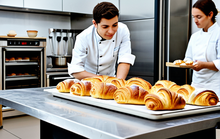 **

A bustling, brightly lit cooking class in Paris. Several fully clothed students in chef's whites are attentively watching a female instructor demonstrate a classic French pastry technique. Freshly baked croissants and pain au chocolat are displayed on a nearby table. The kitchen is modern and well-equipped, but maintains a cozy, inviting atmosphere. Safe for work, appropriate content, fully clothed, professional, perfect anatomy, natural proportions, high quality, detailed scene.

**