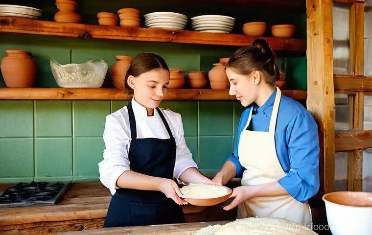전통음식조리사로 성장하기 위한 멘토링 - **A master chef teaching an apprentice traditional Russian cooking techniques.**
    *   **Image Des...