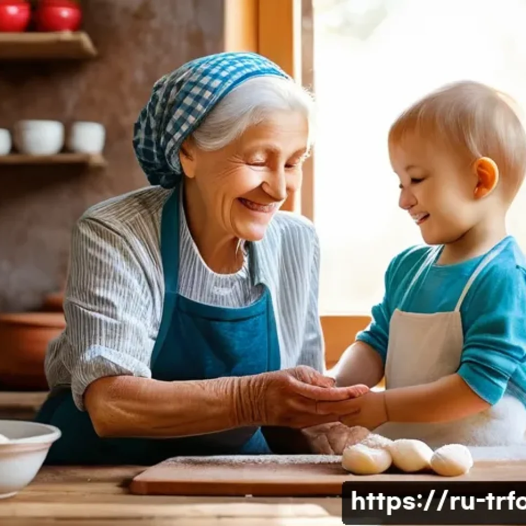 전통음식조리사 면접 예상 질문과 답변 - A heartwarming scene in a rustic, sunlit Russian kitchen, where an elderly grandmother, with a kind ...
