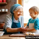 전통음식조리사 면접 예상 질문과 답변 - A heartwarming scene in a rustic, sunlit Russian kitchen, where an elderly grandmother, with a kind ...