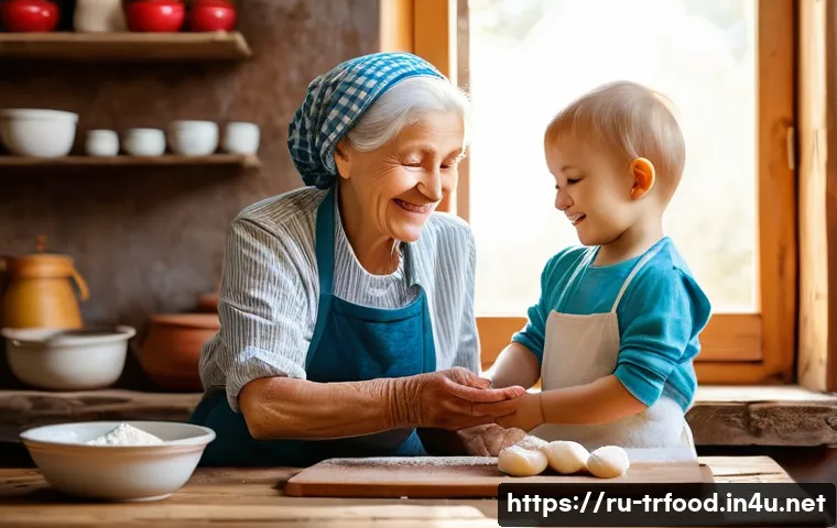 전통음식조리사 면접 예상 질문과 답변 - A heartwarming scene in a rustic, sunlit Russian kitchen, where an elderly grandmother, with a kind ...