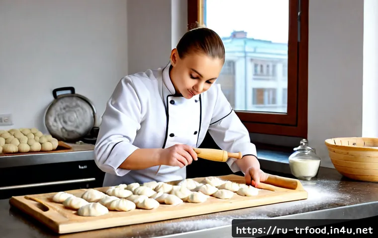 전통음식조리사 직업 준비생을 위한 조언 - Photorealistic young aspiring traditional Russian cuisine chef practicing precise pelmeni making at ...